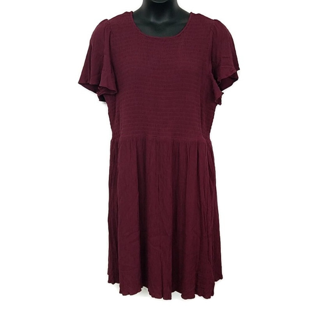 Lane‎ Bryant Womens 22 24 Dress Red Smocked Short Ruffle Sleeve Keyhole Tie Back